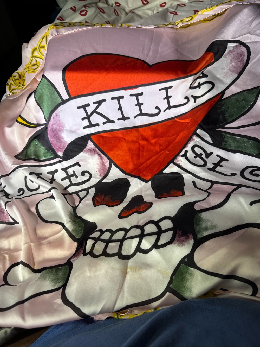 Ed Hardy Graphic Skull & Heart Silk-Feel Scarf - Pink, Red, Green